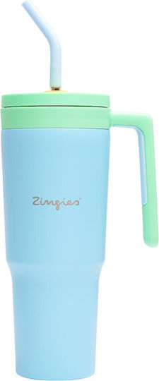 Zingies Zingies Yuki Handled Tumbler Θερμός Ανοξείδωτο / Πλαστικό BPA Free 1.18lt Γαλάζιο με Καλαμάκι και Λαβή