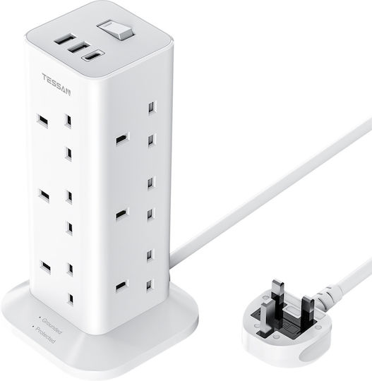 Tessan Πολύπριζο 12 Θέσεων με 3 USB-A, Διακόπτη και Καλώδιο 2m