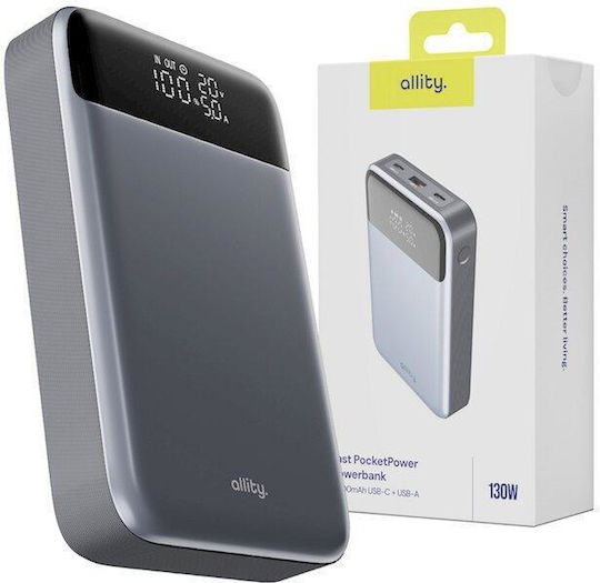 Allity APB-200 Power Bank 19200mAh 130W mit USB-A Ausgangsanschluss und 2 USB-C Ausgangsanschlüssen Power Delivery / Schnellladung Grau