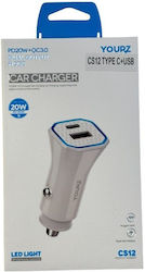 YOURZ Φορτιστής Αυτοκινήτου με Θύρες 1xUSB-A 1xType-C