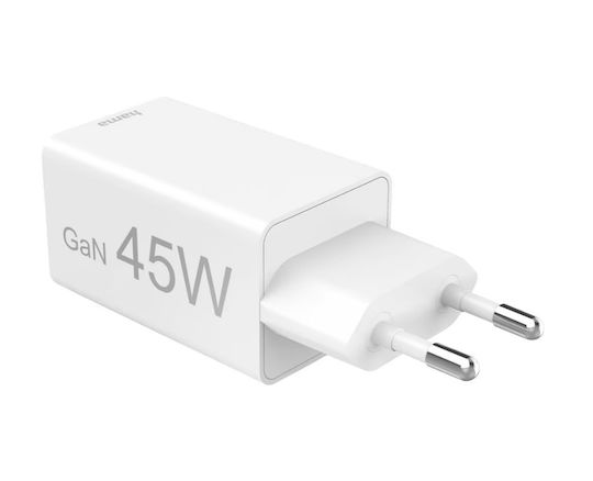 HAMA Charger with Built-in Cable GaN with USB-A Port and 2 USB-C Ports 45W Power Delivery Whites (00201995)