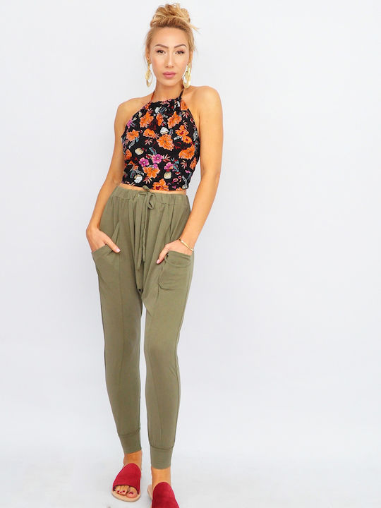 Damen Stoff Hose mit Gummizug Khaki
