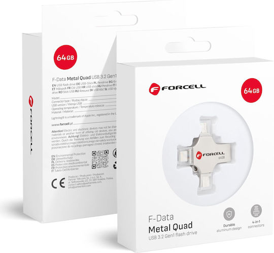 Forcell 64GB USB 3.2 Stick με σύνδεση Lightning,USB-A & USB-C Ασημί