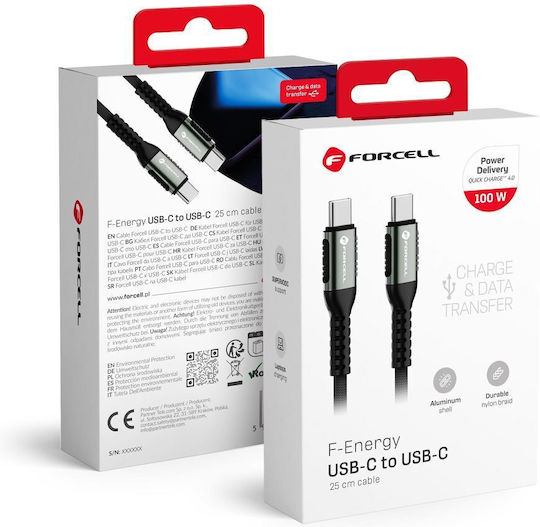 Forcell USB 2.0 Cable USB-C male - USB-C 100W Μαύρο 0.25m 303112