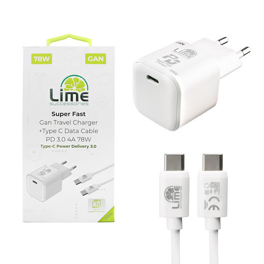 Lime Φορτιστής GaN με Θύρα USB-C και Καλώδιο USB-C - USB-C 54W Power Delivery Λευκός (LTC54W)