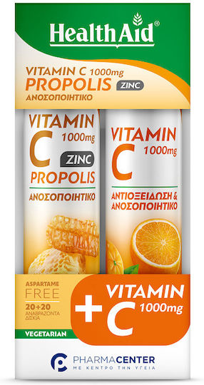 Health Aid Vitamin C 1000mg Propolis Zinc Γεύση Μέλι-λεμόνι 20 Αναβράζοντα Δισκία & Vitamin C 1000mg Γεύση Πορτοκάλι 20 Αναβράζοντα Δισκία