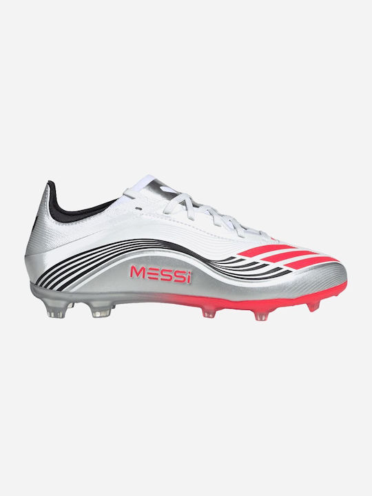 F50 Messi Elite Firm Ground Boots FG Kids Soccer Cleats and Shoes with Molded Outsole Cloud White / Lucid Red / Silver Metallic