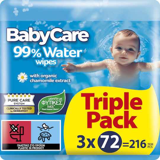 BabyCare 99% Water Baby Wipes with 99% Water Alcohol-Free & Parabens Free 3x72pcs