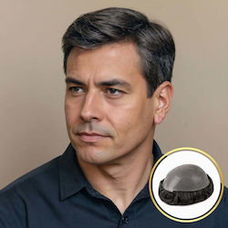 Premium Ανδρικο Toupee Φυσικη Τριχα 1β10 Σκουρο Καστανο 10% Γκρι Τριχες