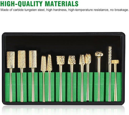 Set of 12 Gold Tungsten Carbide Nail Drill Bits of Exceptional Durability