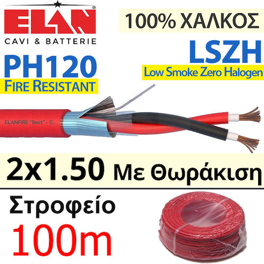 Elan 282151r LSZH PH120 Cablu De Detecție Incendiu 2x1.50mm Răsucit Ecranat 100% Cupru 100 Metri