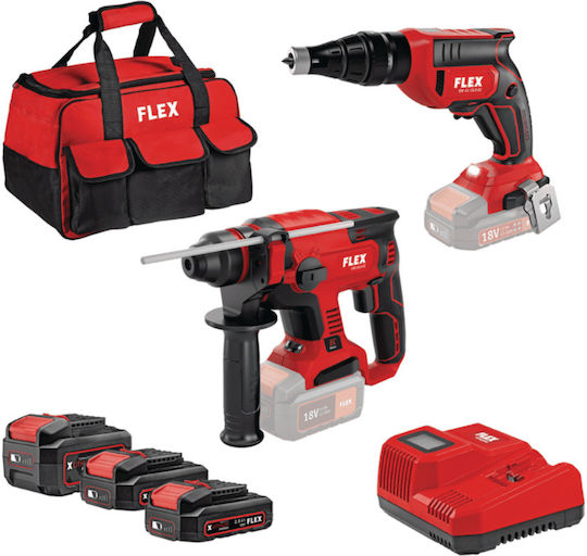 Flex D00349 Set Drywall Screwdriver & Hammer with 3 Batteries 2.5Ah - 5Ah and Case with Fast Charger 9A