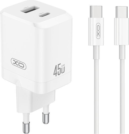 XO GaN с USB-A порт и USB-C порт и кабел USB-C - USB-C 45W Power Delivery / Quick Charge 3.0 Бял (CE36)