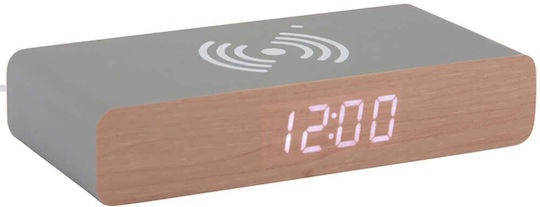 Karlsson Tabletop Digital Wooden Clock with Alarm Clock and Wireless Charging Grey 2586039GY