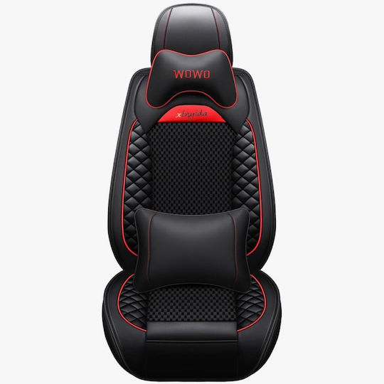 Set Universal Huse Scaune Auto Ediție Lux Material Piele Sintetică Scaune Față Spate Tetieră Volan Pernă Lombară Culoare Negru Roșu 14 Piese