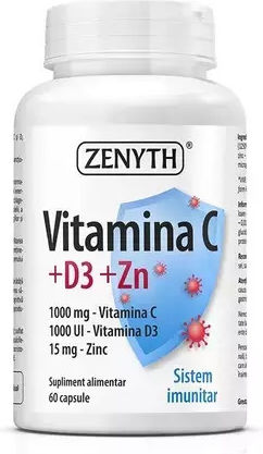 Zenyth Vitamin C + D3 + Zn Vitamina pentru Întărirea Sistemului Imunitar, Pielea & Acțiune Antioxidantă 100iu 1000mg 60 capace