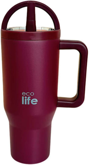 Ecolife Recyclable Handled Tumbler Thermos Stainless Steel BPA Free 900ml Lid Cranberry with Straw and Handle