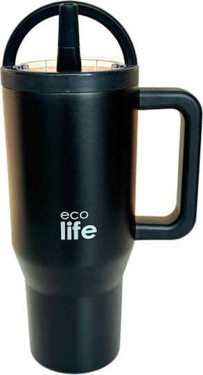 Ecolife Recyclable Handled Tumbler Thermos Stainless Steel BPA Free 900ml Rich Black with Straw and Handle