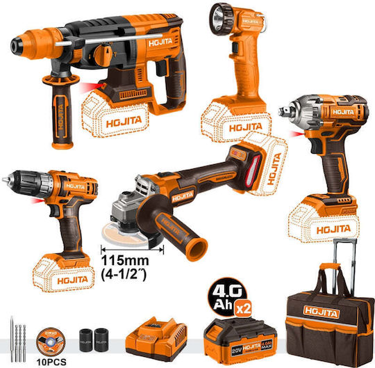 Hojita HJCDKM19 Set Eckiges Rad & Bohrschrauber & Schlagschrauber & Hammer & Objektiv Brushless 20V mit 2 Batterien 4Ah und Hülle