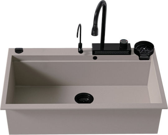 Sanitec Ultra Granite Drop-In Küchenspüle aus Flüssigem Granit mit Wasserhahn M79xP50cm Sienna/Schwarz Matt