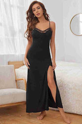 Merry See Sexy Long Nightdress Side Opening Lace Black