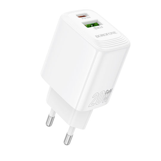 Borofone Charger Without Cable with USB-A Port and USB-C Port 20W Power Delivery / Quick Charge 3.0 Whites (BN27)