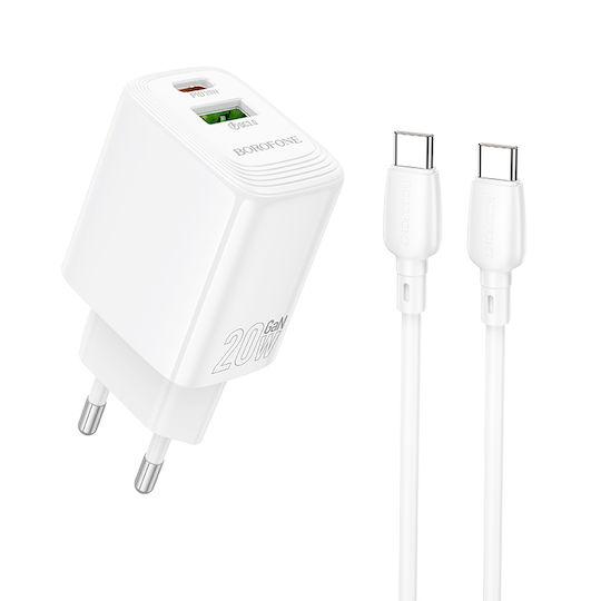 Borofone Charger with USB-A Port and USB-C Port and Cable USB-C - USB-C 20W Power Delivery / Quick Charge 3.0 Whites (BN27)