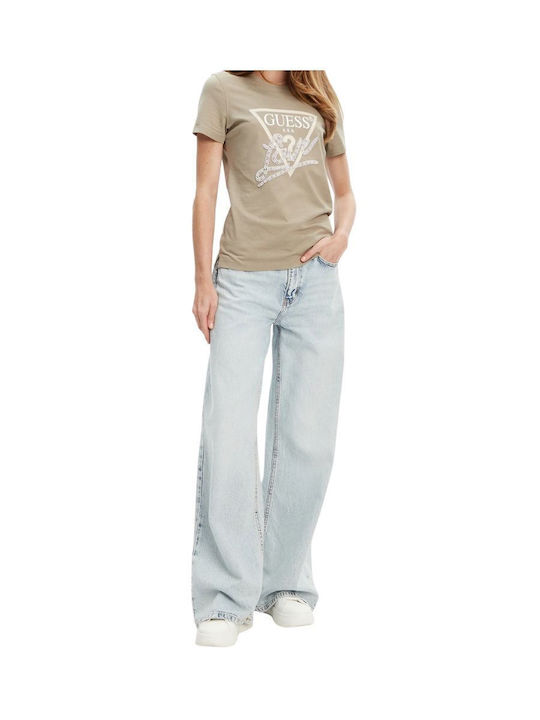 Guess Women's Cotton Short Sleeve Khaki Top