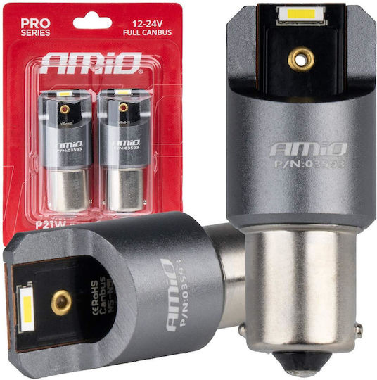 AMiO Λάμπες Αυτοκινήτου & Μοτοσυκλέτας BA15S / P21W Canbus LED 6000K Ψυχρό Λευκό 12-24V 2τμχ