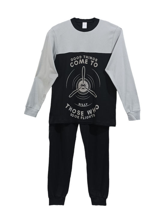 Billy Men’s Χειμερινή Ανδρική Πιτζάμα Βαμβακερή Β488 Γκρι-μαυρο
