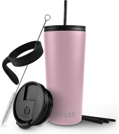 Dozze Ποτήρι Θερμός Ανοξείδωτο / Πλαστικό BPA Free 592ml Creamy Pink με Καλαμάκι και Λαβή