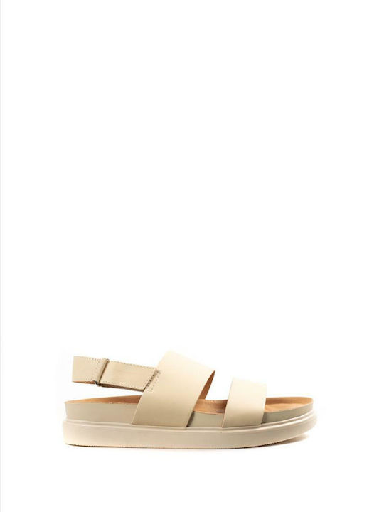 Leather Women's Flat Sandals in Beige Color