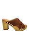 Leather Mules with Chunky High Heel in Tabac Brown Color