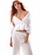 Women's Summer Blouse Linen Long Sleeve with V Neckline White