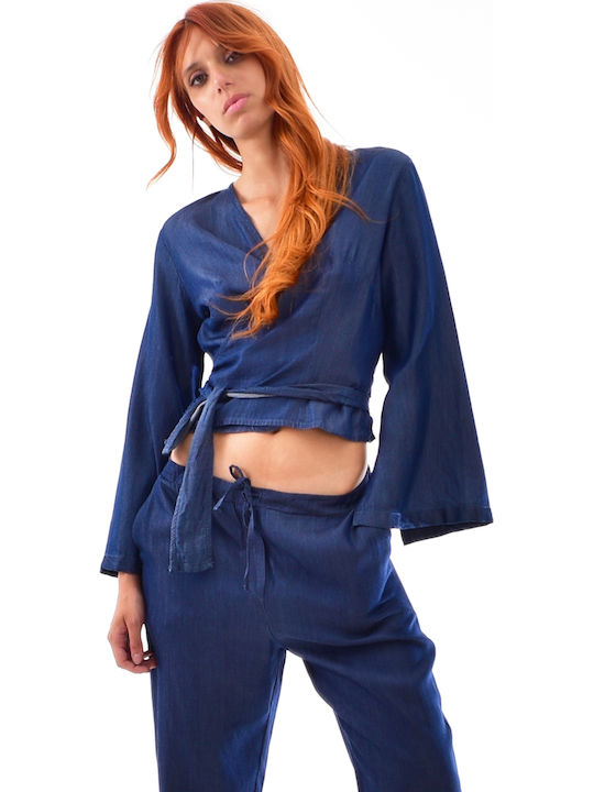 Blouse Γυναικεία Μπλούζα Βαμβακερή με Μανίκι 3/4 & V Λαιμόκοψη Dark Blue