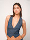 Women's Summer Blouse Sleeveless with V Neckline Jeans Blue