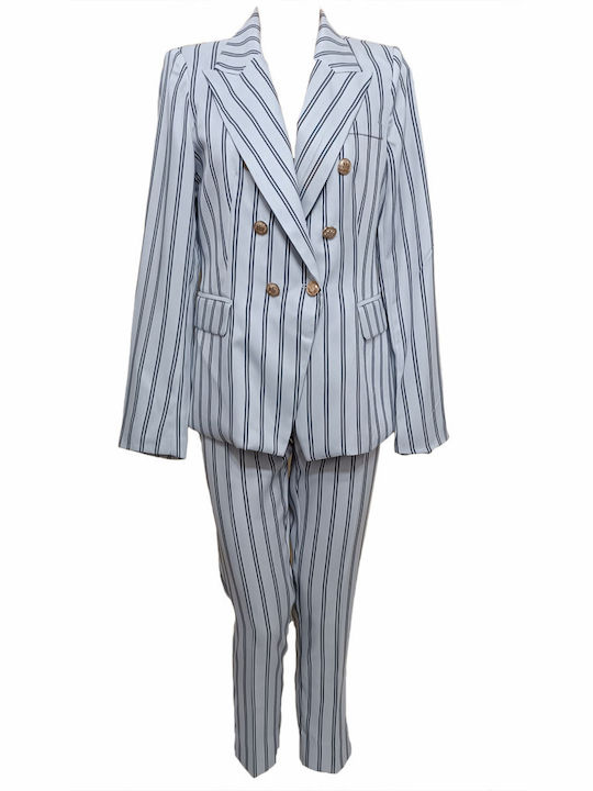 Attentif Women's White Set with High-waisted Trousers Regular Fit Striped