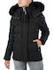 Women's Short Puffer Jacket for Winter with Detachable Hood Black