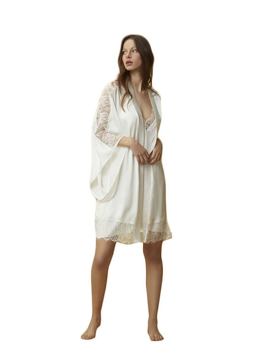 Penye Mood Sommerliche Damen-Bademantel mit Nachthemd Weiß