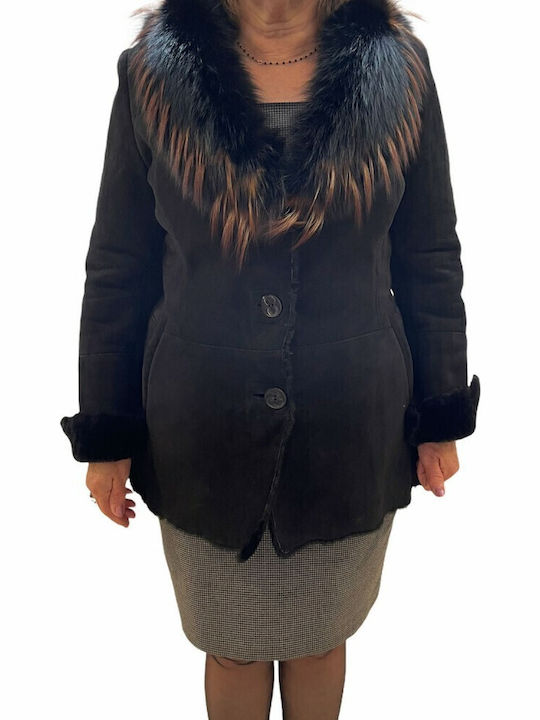 Mouton Damen Schwarz Mantel mit Fellbesatz