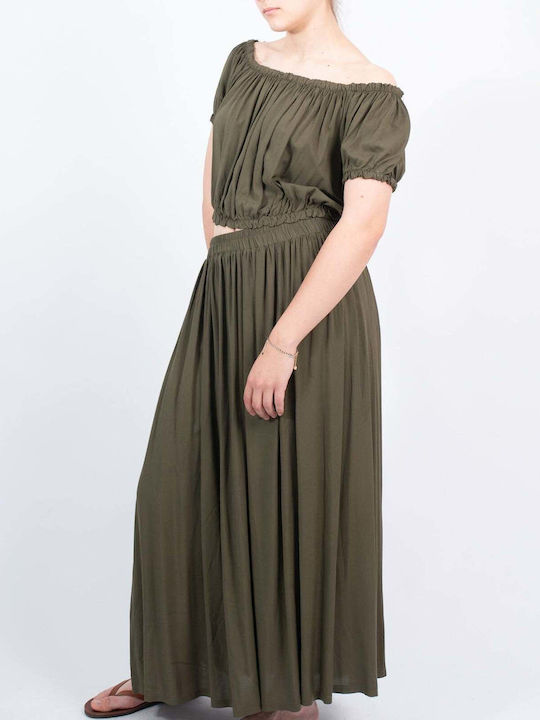 Set mit Hoch tailliert Maxi Rock Khaki