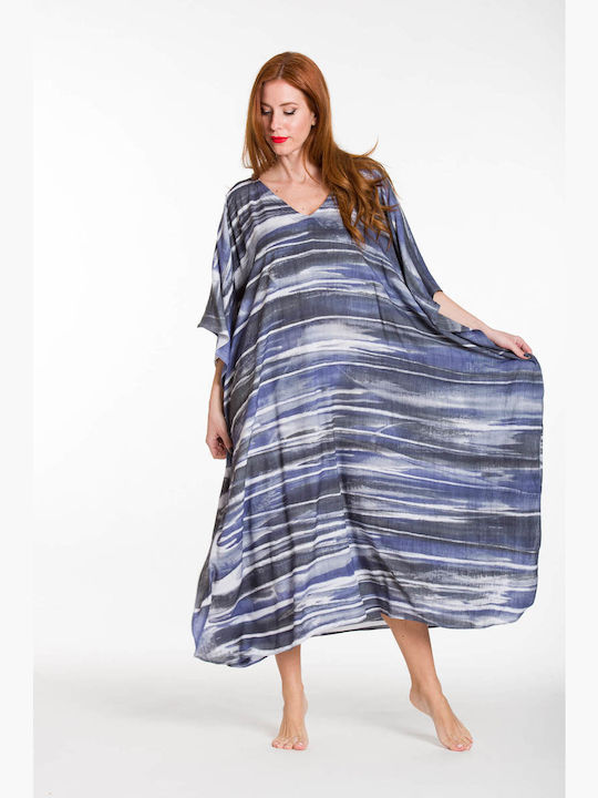 Eleven Αδιαφανο Βισκοζ Tie Dye Καφτάνι Παραλίας Μπλε