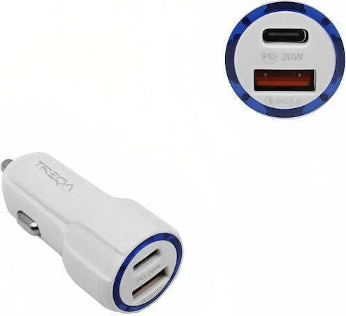 Car Charger 20W 3A Fast Charging With Ports 1xUSB-A 1xType-C White Colour
