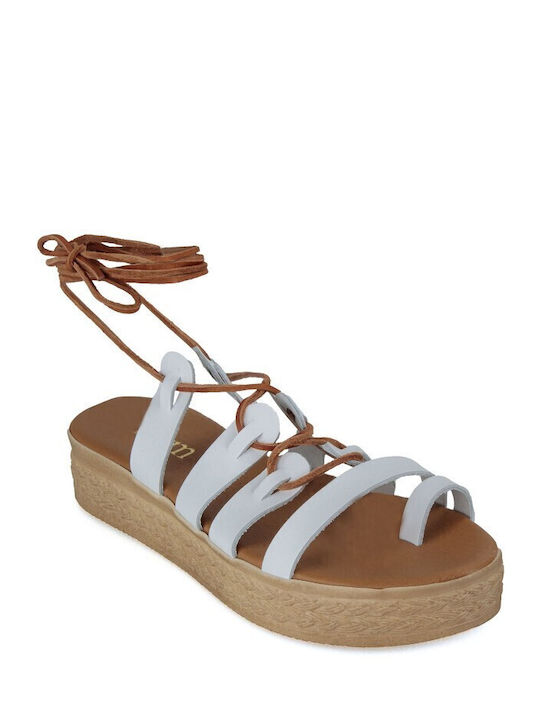 Λευκό Δερμάτινο Χειροποίητο Flatform Σανδάλι Λο...