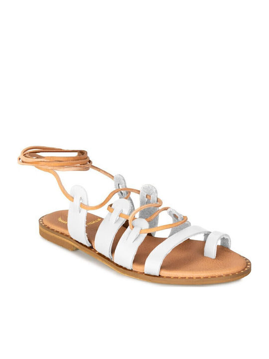 Sandale Casual Damă din Piele Albă Handcrafted cu Șireturi și Bile