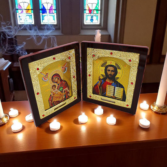 Heiligenikone Diptich Holz Jesus Christus Panagia Die Heilerin