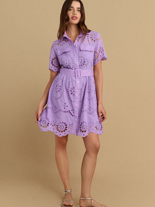 Summer Mini Evening Shirt Dress with Lace Purple