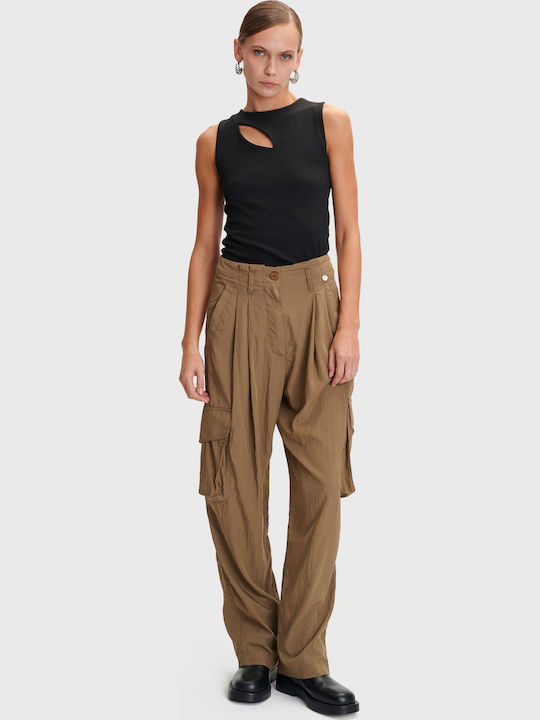 Damen Hoch tailliert Stoff Cargo Hose in Paperbag Passform Brown