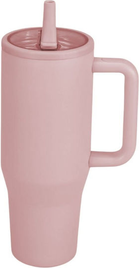 Uncle George Handled Tumbler Θερμός Ανοξείδωτο / Αλουμίνιο BPA Free 1.2lt Καλαμάκι Λαβή Ροζ με Καλαμάκι και Λαβή