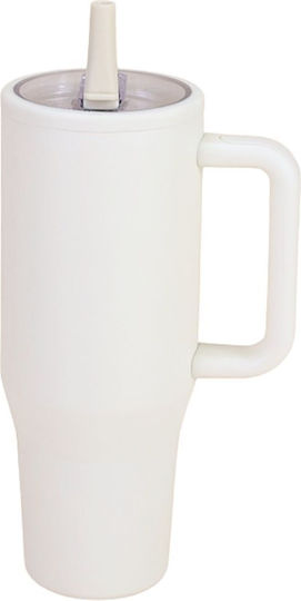 Uncle George Handled Tumbler Thermos Stainless Steel / Aluminum BPA Free 1.2lt Straw Handle White With Straw And Handle